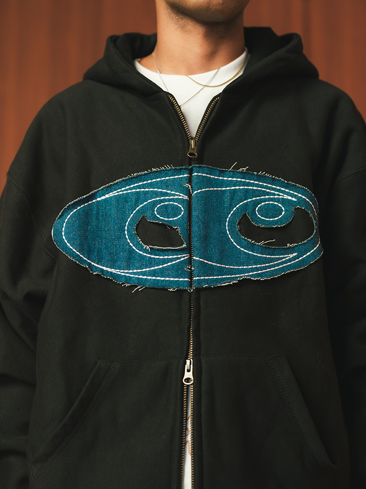 Teared Black Double Zipper Hoodie