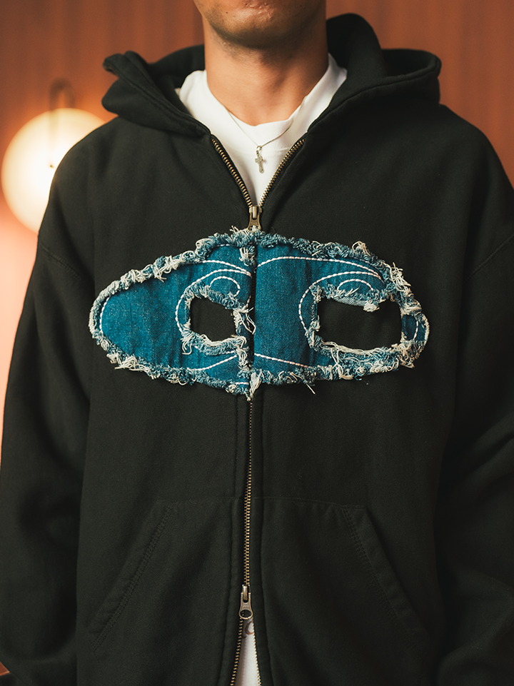 Teared Black Double Zipper Hoodie