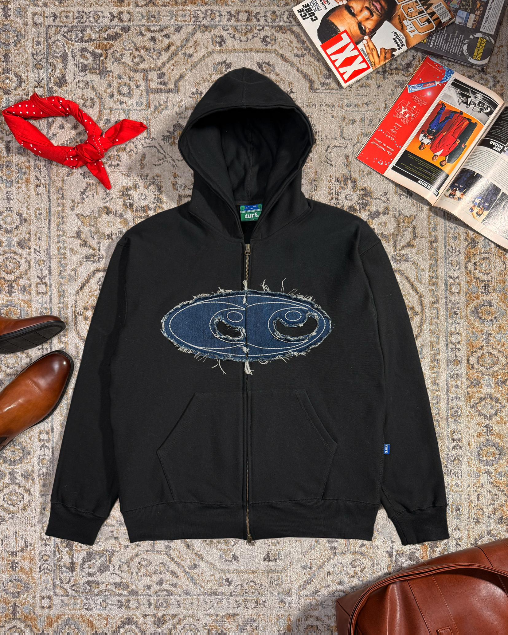 Teared Black Double Zipper Hoodie